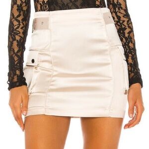 NEW H:OURS VECTOR MINI SKIRT, CREAMY WHITE SATIN SHEEN, CARGO POCKETS, NWT